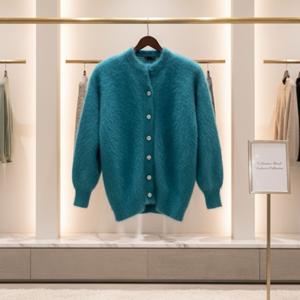 Angora Blend Luxury Cardigan – Teal Blue (Size M)